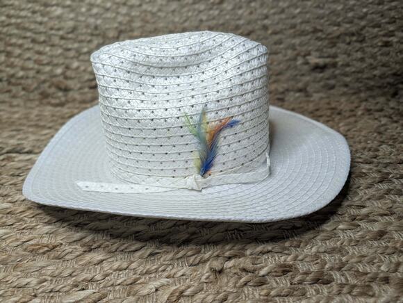 Vintage Rockmount Ranch Wear White Straw Cowboy Hat Feathers Size 7 3/8 Cowgirl